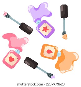 Vector flat illustration of spilled pink, purple and yellow nail polish bottles