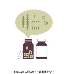 Vector flat illustration of spirulina supplement. Bottles, capsules, alga and seaweed. Naturopathy and natural health products.