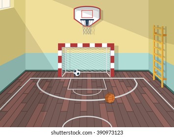 Vektorflache Illustration von Sportraum in Institut, Universität, Schule. Basketball, Fußball und Fußball-Bälle. mit Leiter für die Gesundheitsversorgung. Tor mit Netz. Fenster mit Sonnenstrahlen