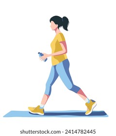 Vector flat illustration of a sports girl walking along the path doing sports jogging walking fitness in sportswear walking with a bottle of water on a white background