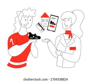 Vector flat illustration with sports shoe buyer and consultant who recommends ordering shoes at home online. Concept of ordering clothing, shoes through online stores.