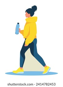 Vector flat illustration of a sporty girl doing sports jogging walking fitness in sportswear walking with a bottle of water on a white background