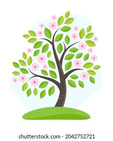 Vector flat illustration of spring blooming tree with leaves