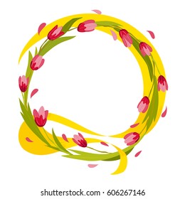 Vector flat illustration of spring flower wreath isolated on white background. Pink tulips garland with yellow ribbon. Cartoon style. Good for holiday banner, poster, placard.