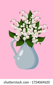 Vector flat illustration with spring flowers, bouquet of white cute lilies of the valley in vase on a pink background.