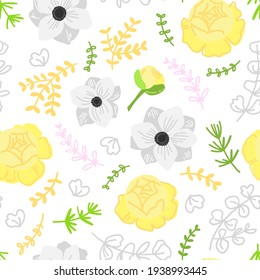 Vector flat illustration spring flowers pattern. Buttercups, anemones, pink tulips, eucalyptus