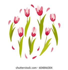 Vector flat illustration of spring flowers isolated on white background. Pink tulips with petals and leaves. Cartoon style. Good for holiday banner, poster, placard, wedding invitation, card design.