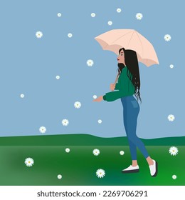 Vector flat illustration, spring season young girl with an umbrella catches flowers with her hands

