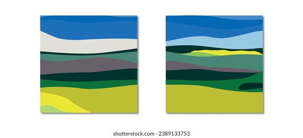 Vector flat illustration. Spring or summer landscape. Square stylish poster. Colorful sky, field, grass, green hills, horizon. Flat design. The concept of nature, tourism, travel.
