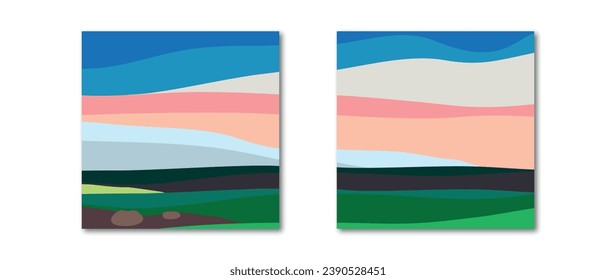 Vector flat illustration. Spring or summer landscape. Square stylish poster. Colorful sky, field, grass, green hills, horizon. Flat design. The concept of nature, tourism, travel.