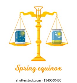 Vector flat illustration of the spring (vernal) equinox. Design concept with scales of justice symbolizing equal duration of daytime and nighttime.