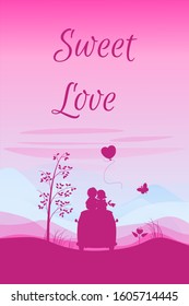 Vector flat illustration for St. Valentine's card, typography poster,  label, banner design. Silhouette boy and girl in love sitting. Romantic sunset landscape. Pink gradient colors.