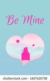 Vector flat illustration for St. Valentine's card, typography poster,  label, banner design. Silhouette boy and girl in love sitting. Heart-shaped frame.