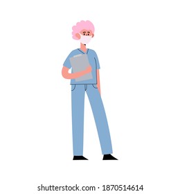 Ilustración vectorial plana de la enfermera de pie con máscara aislada en blanco. Carácter médico femenino usado para afiche, sitio web del hospital, revista.