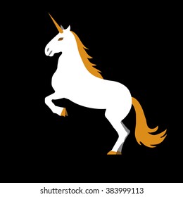 Vector flat illustration of standing unicorn on black background. Element for design.
