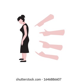 Vector flat illustration of standing woman in black dress and many people's hands pointing finger on woman. Shaming, bulling, stressed on work concept