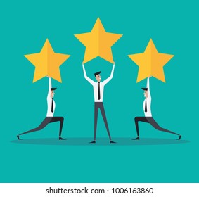 Vector flat illustration, star rating, gold star in hand, given in three stars rating, business graphics, businessmen holding stars