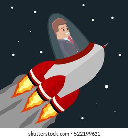 Vector flat illustration. Start up business. Businessman on a rocket. Manager character in the sky fly on the rocket.