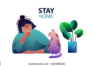 Vector flat illustration Stay Home. Female young character with her cat and house plant. Smiling woman with her pet on self-quarantine during COVID-19 outbreak.  