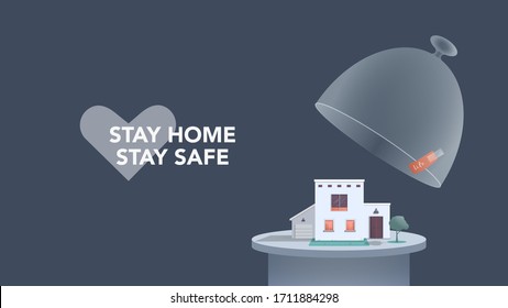 Vector flat illustration stay home heart sign dish dome, isometric building podium. Tray platform self isolation avoid spread of virus covid19. Distance safety health protection tag sticker meal cover