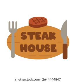 Vector Flat Illustration Steak House Sign With Fork And Knife