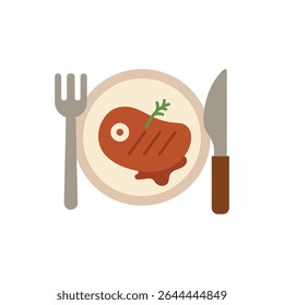 Vector Flat Illustration Of Steak On Plate Complete With Cutlery