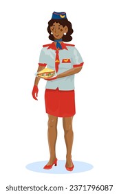 Vector flat illustration of stewardess or conducctor serving food on a white isolated background.