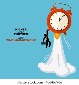 Vector flat illustration. Stick man employee hold on the alarm clock - rocket. Time management helps personal growth.