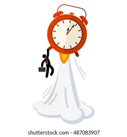 Vector flat illustration. Stick man employee hold on the alarm clock - rocket. Time management helps personal growth.