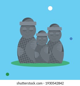 
Vector flat illustration of stone statues (hareubang) of Jeju island in South Korea. Isolated on a blue background in cartoon style.