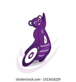 vector flat illustration of a strange violet robot with stylized ears, wheels and funny face.