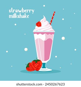 Vector flat illustration of strawberry milkshake with whipped cream and fresh berries.
