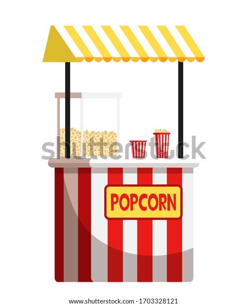 Vector flat illustration of street popcorn kiosk,
candy corn seller cart. Modern fast food snack bar isolated on
white background. Design element for catering business, food court,
street cafe concept