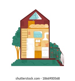 Vector flat illustration structure of small, tiny house in section. Picture shows kitchen and bedroom in attic with household items and accessories.