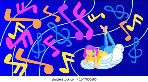 Ilustración plana vectorial al estilo de los años 90. El resumen representa a una joven en la nube con los auriculares, está rodeada de notas estilizadas. Contorno. Banners, diseño web, postales, etc usados. Música retro