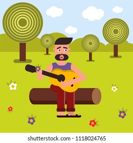 Vector flat illustration, style cartoon. A man sits on a log and plays the guitar, sings a song. Nature and picnic.