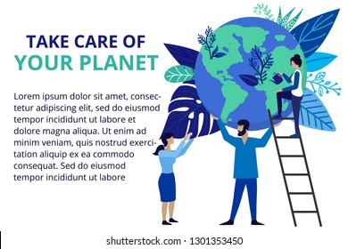 Vector flat illustration in flat style. Ecology concept. People are preparing for the holiday, saving the planet, World Environment Day, Bio technology, a city in the background of the planet.
