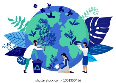 Vector flat illustration in flat style. Ecology concept. People are preparing for the holiday, saving the planet, World Environment Day, Bio technology, a city in the background of the planet.
