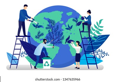 Vector flat illustration in flat style. Ecology concept. People are preparing for the holiday, saving the planet, World Environment Day, Bio technology, a city in the background of the planet.
