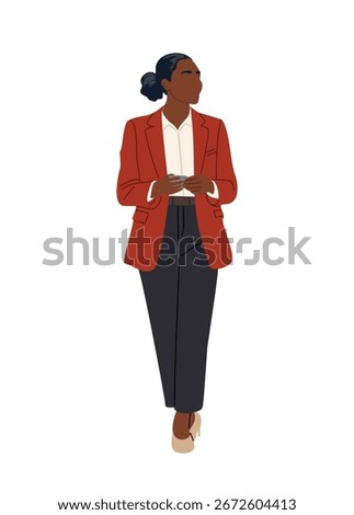 Vector flat illustration of a stylish Black African American business woman in smart casual red jacket, pants, and heels, standing full length with phone, isolated on white background