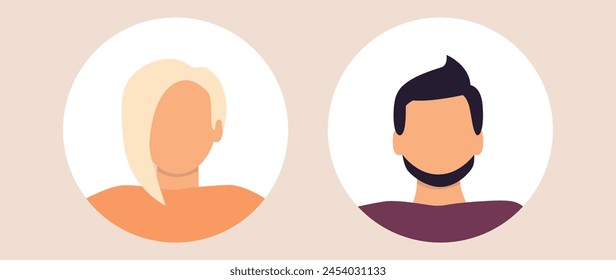 Vector flat illustration. Stylish profile of a woman and a man. Avatar, user profile, person icon, silhouette, profile picture. Suitable for social media profiles, icons.
