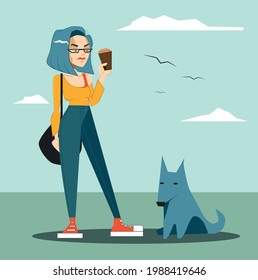 vector flat illustration with stylish young woman standing with dog in park