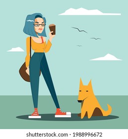 vector flat illustration with stylish young woman standing with dog in park