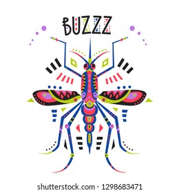 Vector flat illustration with stylized mosquito and lettering Buzzz