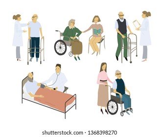  Ilustración plana vectorial. Gente estilizada. Atención a los ancianos.