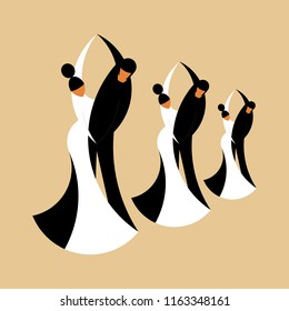 Dibujo vectorial plano de tres parejas de baile estilizadas sobre un fondo beige. Estilo plano. Ideal para los catálogos, la información, el salón de baile y la discoteca.