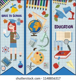 vector flat illustration of subjects and girls on school subject, education, back to school, Association for educational institutions, background isolated
