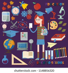 vector flat illustration of subjects and girls on school subject, education, back to school, Association for educational institutions, background isolated