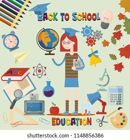 vector flat illustration of subjects and girls on school subject, education, back to school, Association for educational institutions, background isolated