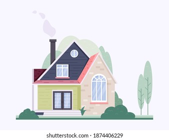 Ilustración plana vectorial, icono de casa suburbana. Edificio familiar de colores vivos. Útil para el diseño web y la publicidad, libros para niños